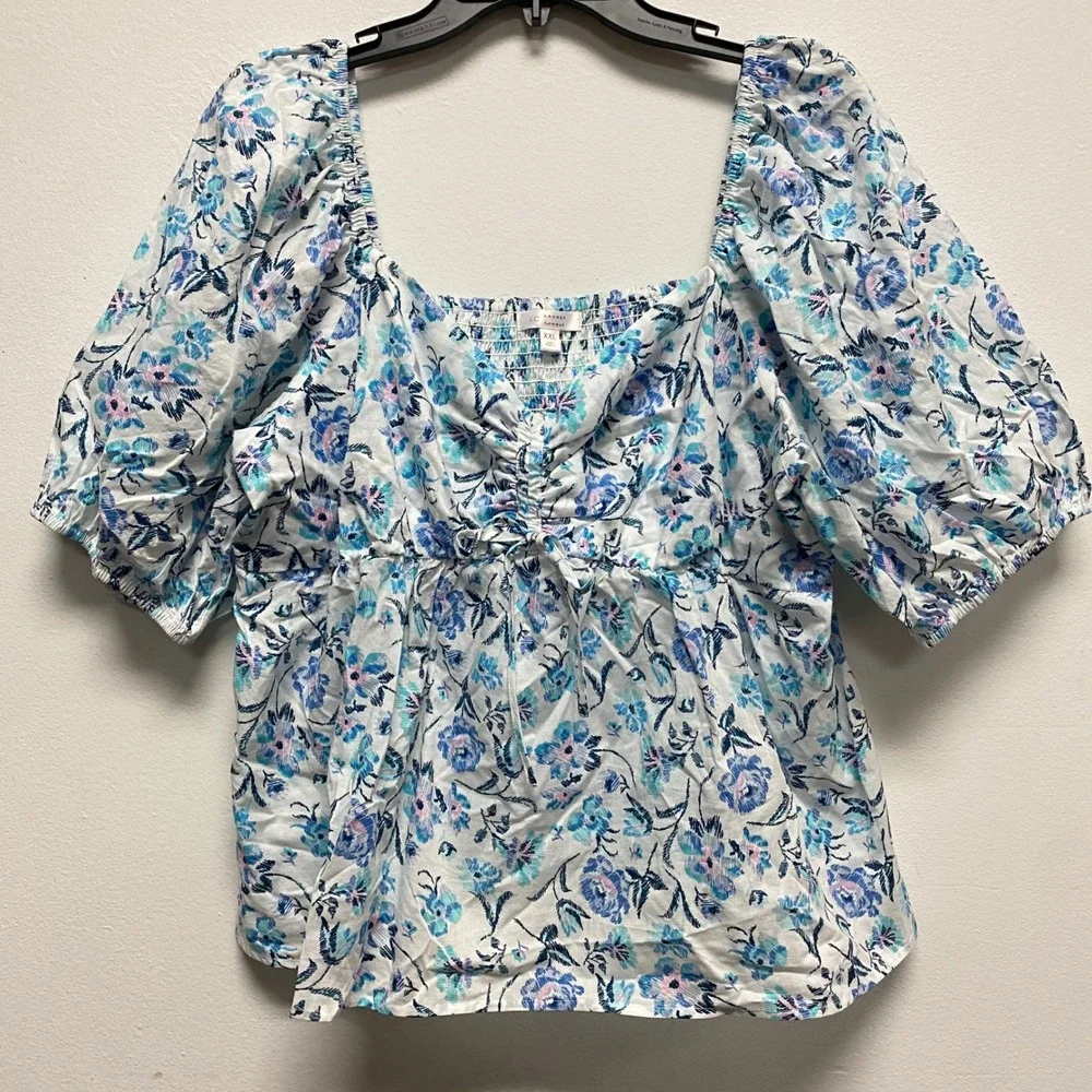 Lauren Conrad Milkmaid Floral Blouse Smocked Ruched Square Neck XXL Cottagecore - Picture 1 of 7